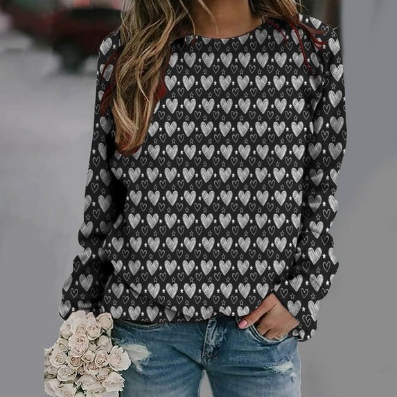 Aboser Valentine's Day Shirts for Women Pink Love Heart Graphic Shirt Casual Long Sleeve Tops Trendy Crewneck Pullover Tees