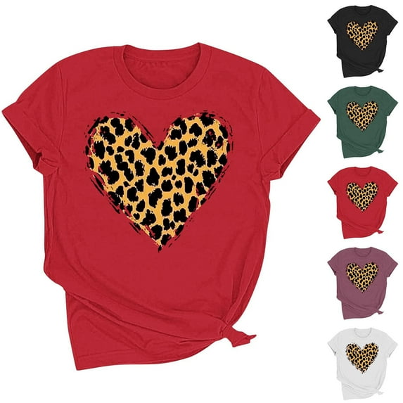Aboser Valentines Day Shirt Women Fashion Leopard Love Heart Printed Tops Loose Casual Short Sleeve T Shirts Cozy Soft Round Neck Blouses
