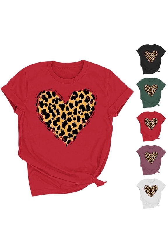Valentines Day Shirt Women Fashion Leopard Love Heart Printed Tops Loose Casual Short Sleeve T Shirts Cozy Soft Round Neck Blouses