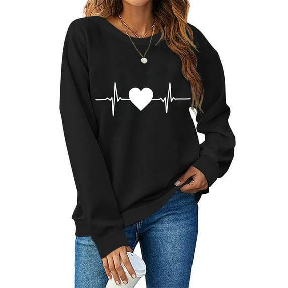 Aboser Valentines Day Shirts Women Fitted Long Sleeve Tshirt Trendy Heartbeat Prints Tops Comfy Crew Neck T-Shirt Loose Fit Tunic Tops