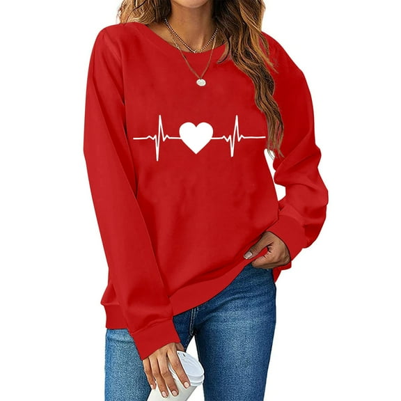 Aboser Valentines Day Shirts Women Fitted Long Sleeve Tshirt Trendy Heartbeat Prints Tops Comfy Crew Neck T-Shirt Loose Fit Tunic Tops
