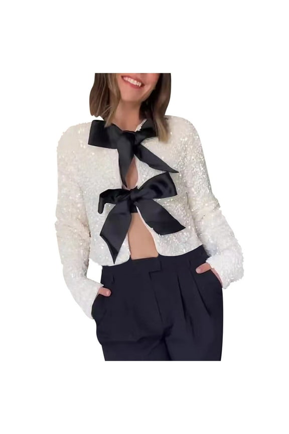 Velour Sequin Tops for Women Party Night Dressy Blouses Elegant Bow Front Shirts Long Sleeve Cropped Shirt Velvet Open Front Blouse Top