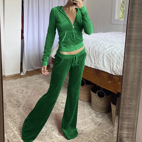 Aboser Velour Tracksuit Women 2 Piece Outfits Long Sleeve Sweatsuit Set Cropped Hoodie and Flared Pants Set Activewear Playsuit Green M