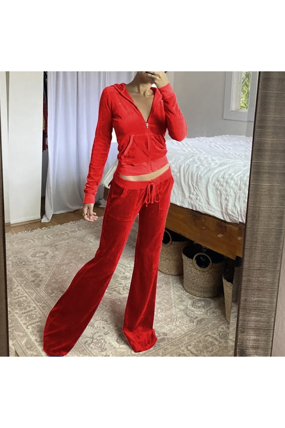 Velour Tracksuit Women 2 Piece Outfits Long Sleeve Sweatsuit Set Cropped Hoodie and Flared Pants Set Activewear Playsuit Red S