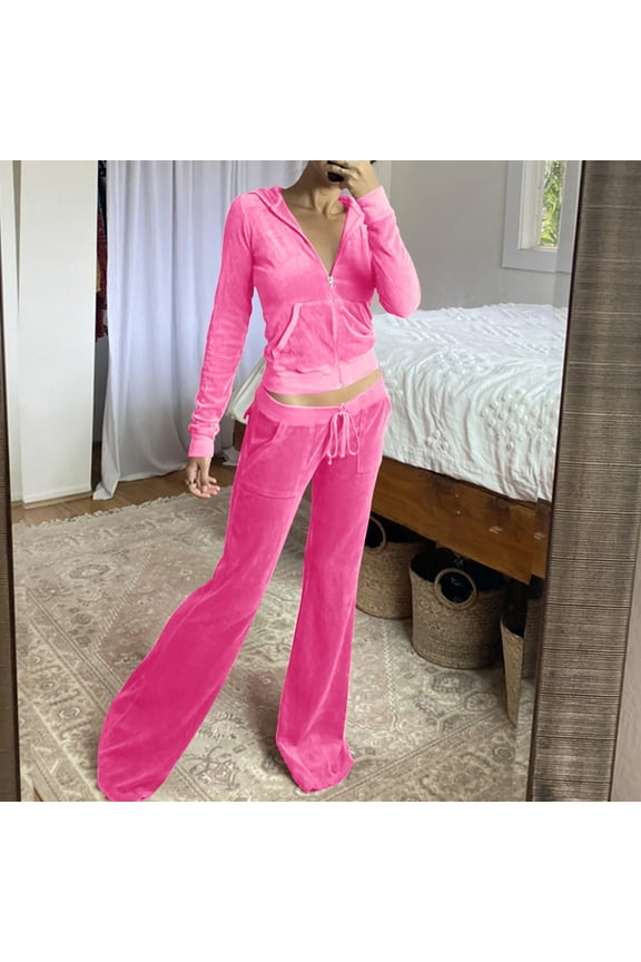 Velour Tracksuit Women 2 Piece Outfits Long Sleeve Sweatsuit Set Cropped Hoodie and Flared Pants Set Activewear Playsuit