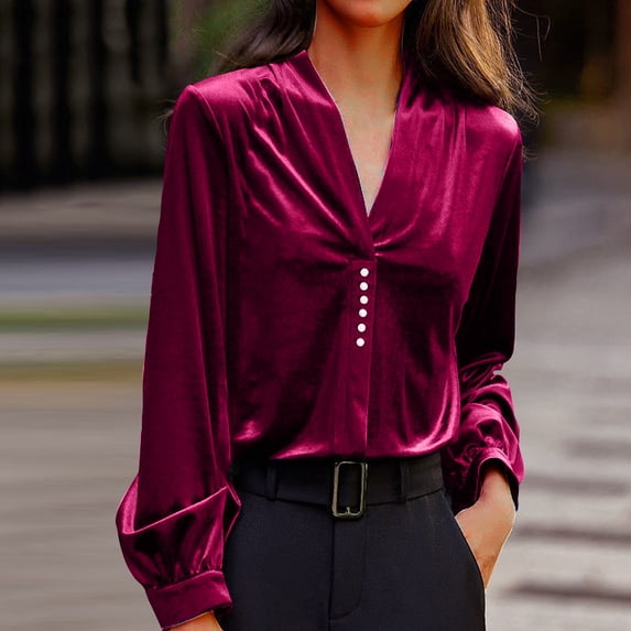 Aboser Velvet Tops for Women Long Sleeve V Neck Shirts Loose Fit Casual T-Shirt Cozy Velour Blouse Top Ladies Vintage Elegant Blouses