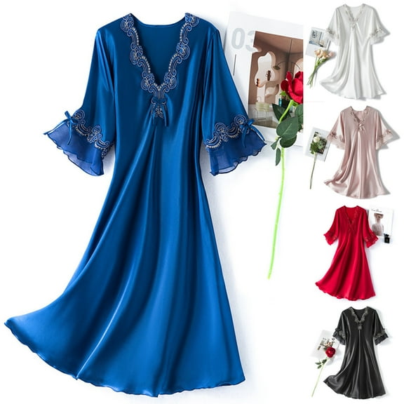 Aboser Victorian Nightgowns for Women Elegant Silky Satin Sleepdress Cooling Lace Trim Loungewear Casual V Neck Nightshirt Loose Short Sleeve Sleepwear Dress