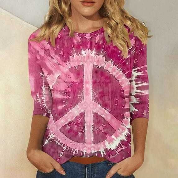 Aboser Vintage 60s Shirts for Women 3/4 Sleeve Hippie Tops Peace Sign Love Costume Shirt Loose Round Neck Blouses Trendy Tie Dye Tops