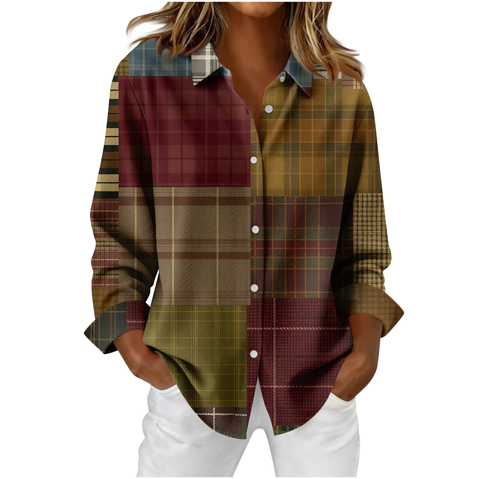 Aboser Vintage Plaid Shirts for Women Button Down Long Sleeve Blouses Dressy Casual Lapel Collar Shirt Lightweight Soft Work Daily Blouse