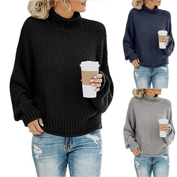 Aboser Vintage Sweaters for Women Turtleneck Long Sleeve Pullover Tops Chunky Cable Knit Sweater Cozy Soft Solid Color Tunic Blouses Fall Outfits Gray L