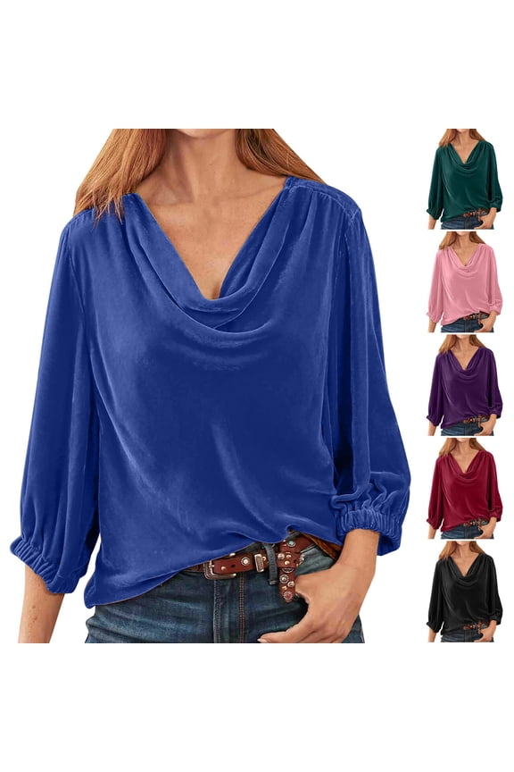 Vintage Velvet Tops for Women Casual 3/4 Sleeve Shirts Dressy Cowl Neck Pullover Top Drape Ruched Front Party Blouses Loose Solid Color Shirt Blouse