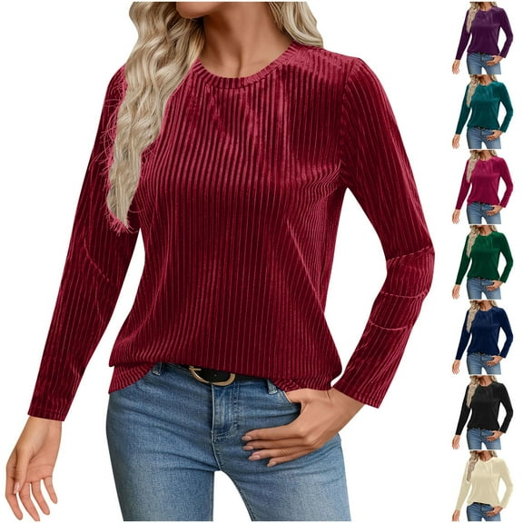 Aboser Vintage Velvet Tops for Women Ribbed Long Sleeve Shirts Solid Color Crewneck Blouses Casual Loose Fit Velour Shirt Cozy Soft Plain Tunic Top