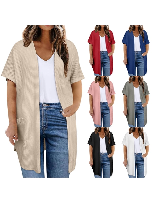 Waffle Knit Cardigans for Women Plus Size Short Sleeve Jackets Open Front Long Cardigan Lightweight Casual Plain Coats Loose Fit Outerwear with Pockets Pink XL