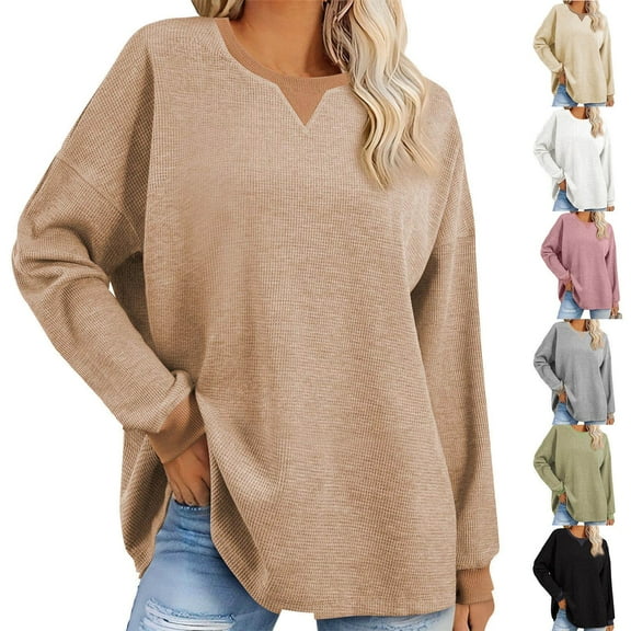 Aboser Waffle Knit Pullover Sweaters for Women Long Sleeve Knitwear Casual Notched V Neck Shirts Oversized Sweatshirt Women Comfy Drop Shoulder Sweater Tops Black L