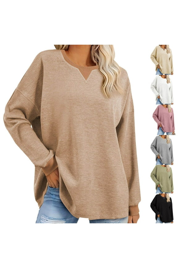 Waffle Knit Pullover Sweaters for Women Long Sleeve Knitwear Casual Notched V Neck Shirts Oversized Sweatshirt Women Comfy Drop Shoulder Sweater Tops Black XL