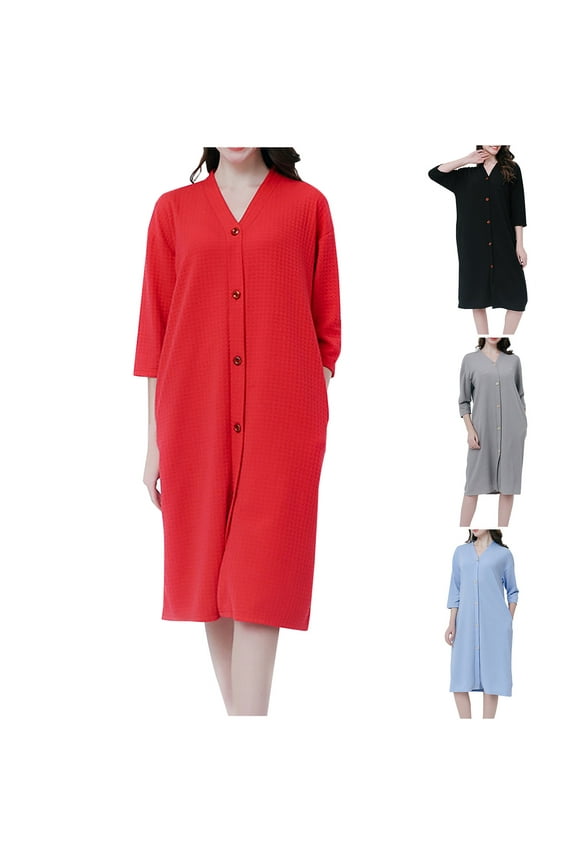 Waffle Knit Robes for Women 3/4 Sleeve Bathrobes Casual Button Down Towel Robe Lightweight Soft Knee Length Bathrobe Solid Color Night Gowns with Pockets Black XL