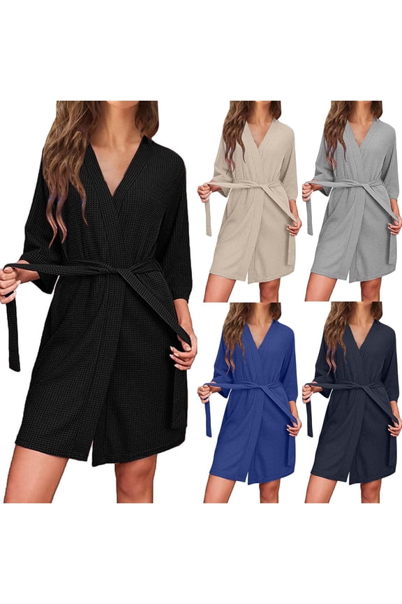 Waffle Knit Robes for Women 3/4 Sleeve Bathrobes Casual Button Down Towel Robe Lightweight Soft Knee Length Bathrobe Solid Color Night Gowns with Pockets Gray XXXL