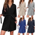 thumbnail image 1 of Aboser Waffle Knit Robes for Women 3/4 Sleeve Bathrobes Casual Button Down Towel Robe Lightweight Soft Knee Length Bathrobe Solid Color Night Gowns with Pockets Red XL, 1 of 9