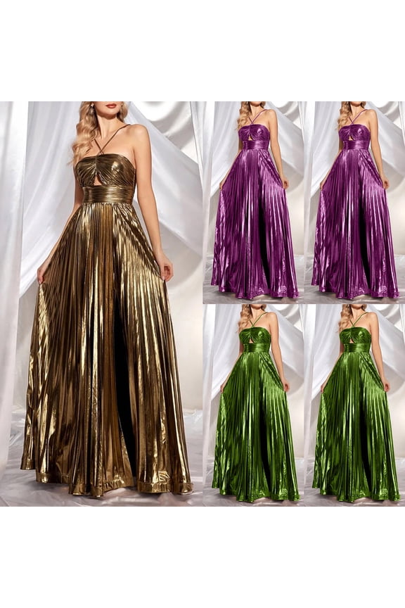 Wedding Guest Dresses for Women Formal Halter Evening Party Dress Flowy Floor Length Cocktail Dresses Elegant Sleeveless Cutout Gown Dress