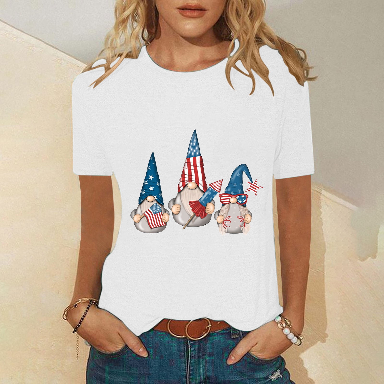 Aboser White T Shirts for Women 2024 Funny American Flag Gnomes Tshirt ...