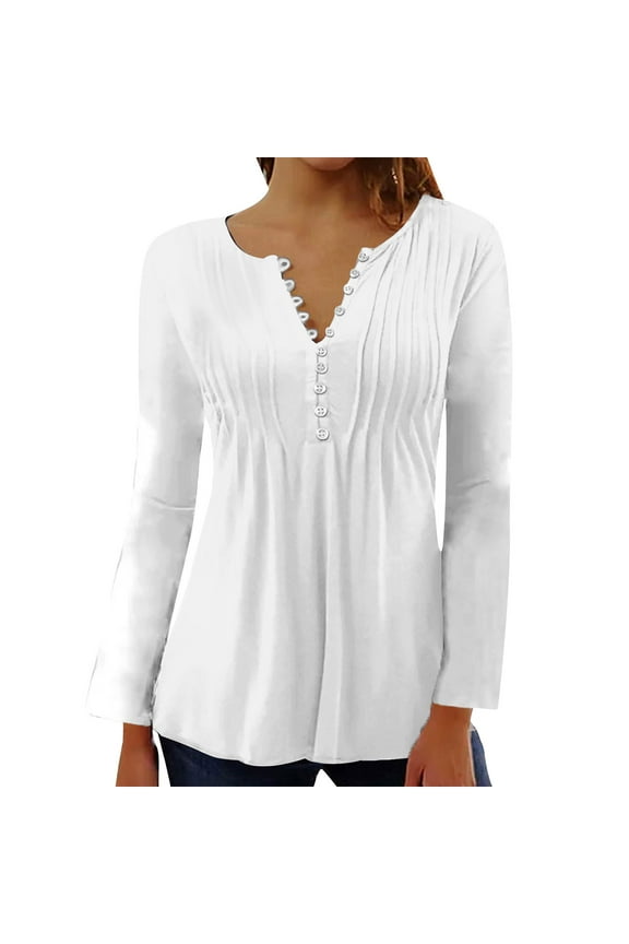 White Tops for Women Casual Solid Button Down Shirts Pleated Hide Belly Long Sleeve Blouses Crew Neck Graphic Tee