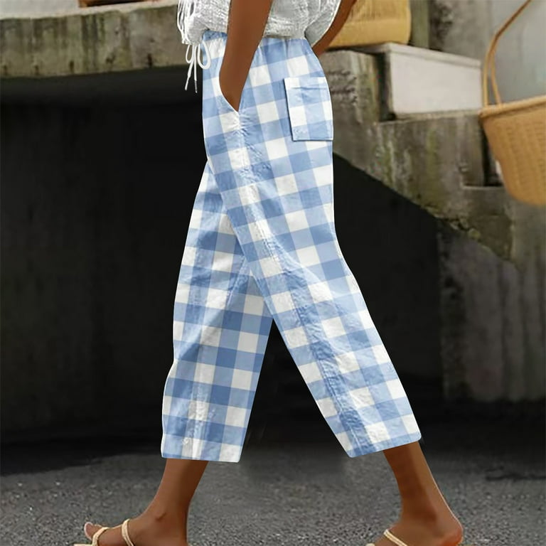 Aboser Wide Leg Cropped Pants for Women Trendy Plaid Print Beach