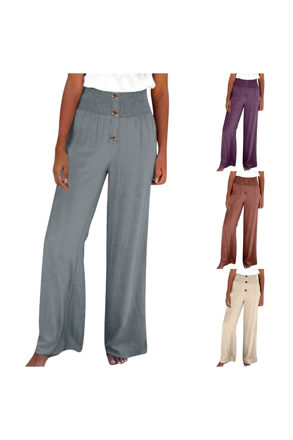 Wide Leg Linen Pants for Women Tall Length Lounge Pants Super High Waisted Trousers Stretch Elastic Waist Long Pants Loose Fit Lounge Trousers