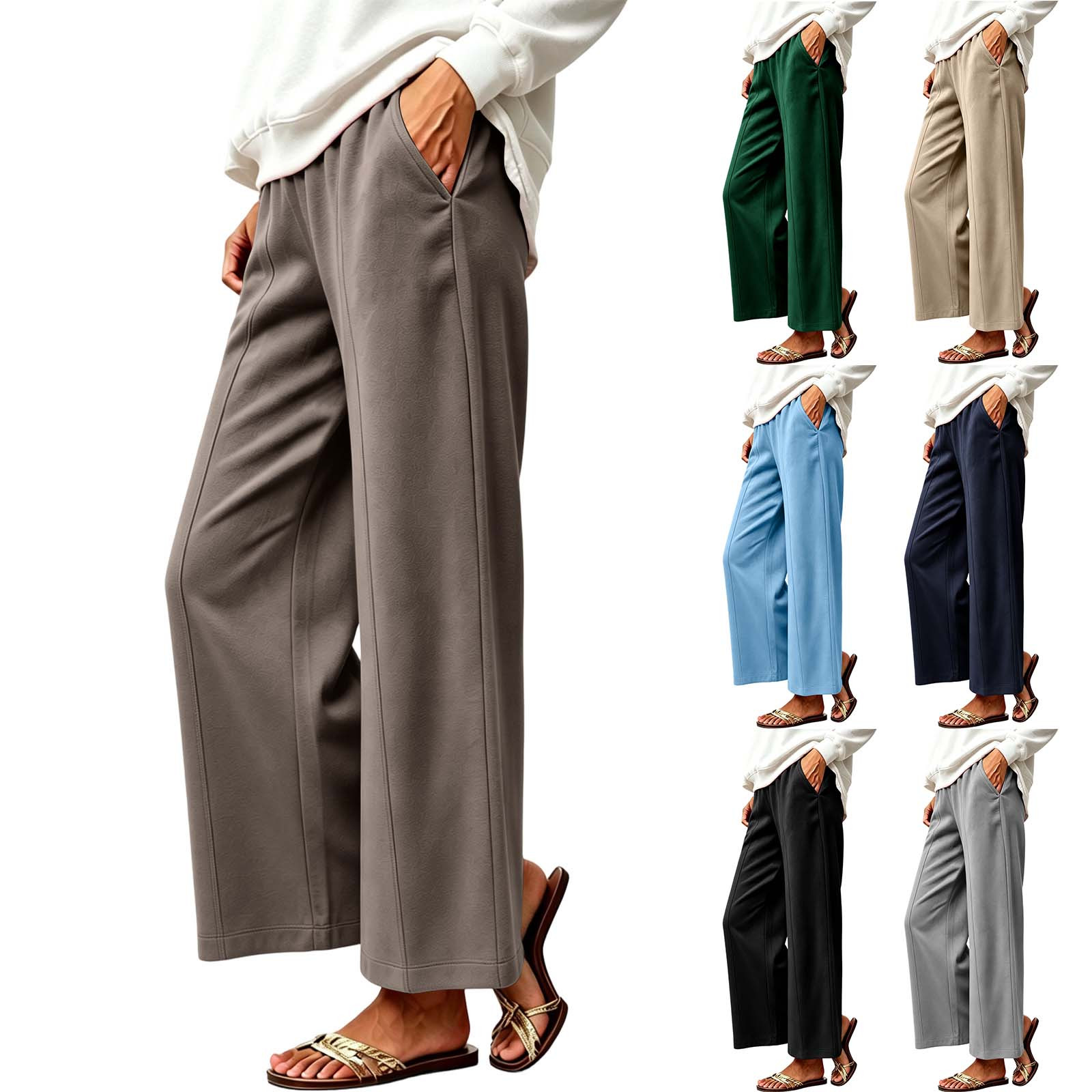 Aboser Wide Leg Pants for Women with Pockets Baggy Elastic High Waisted Lounge Pants Comfy Soft Straight Trousers Solid Color Lounging Travel Pants