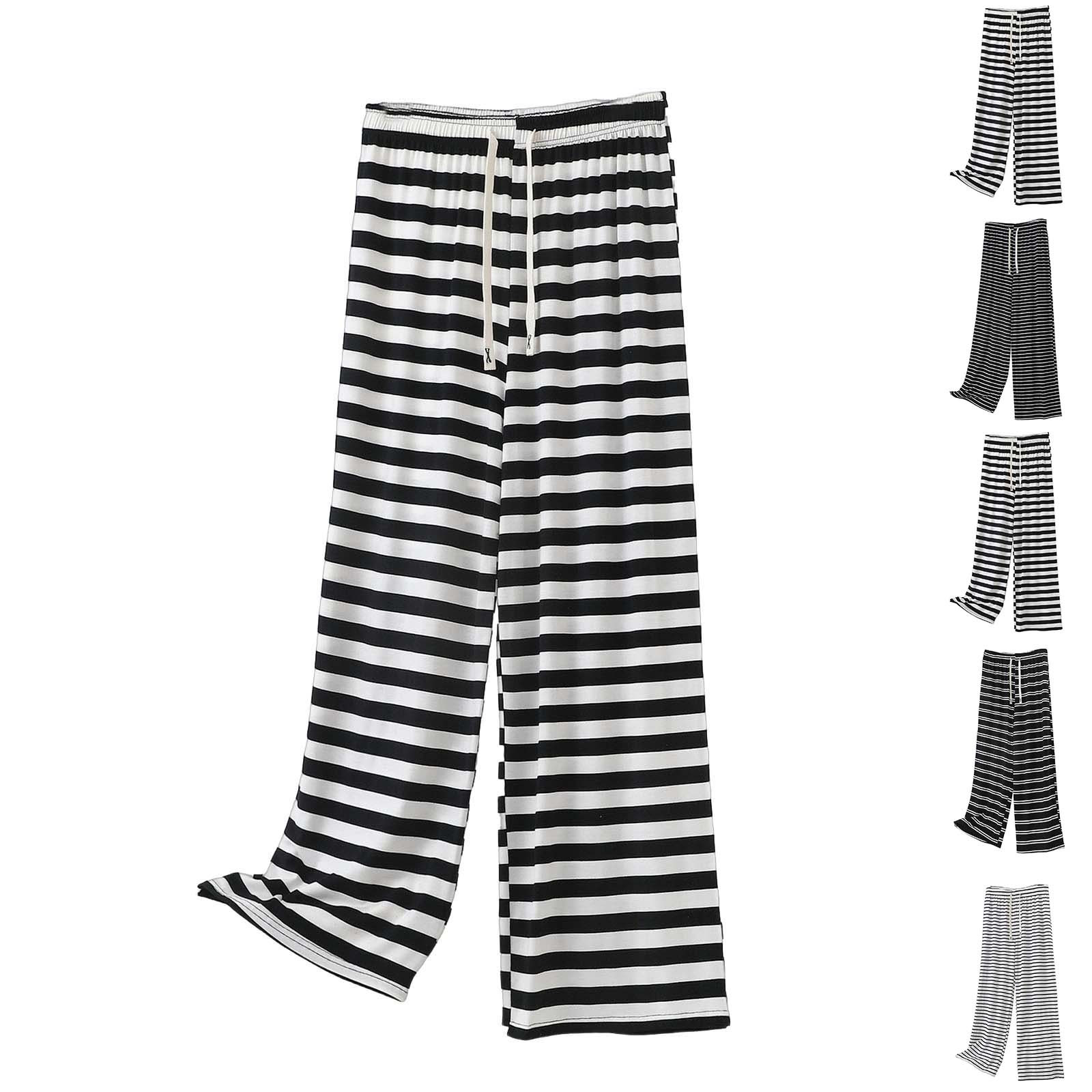 Aboser Wide Leg Stripes Pajamas Pants for Women with Pockets Y2k Sleepwear Cozy Drawstring Waist Lounge Pants Plus Size Pjs Buttom Loose Fit Long Trousers