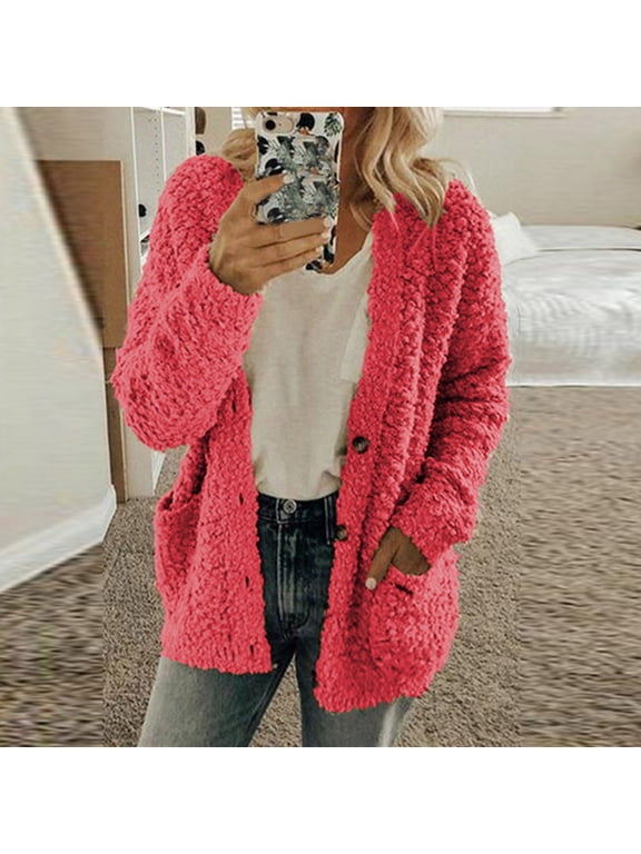 Winter Casual Sweater Coat Women Warm Fuzzy Sherpa Jacket Loose Button Down Sweaters Comfy Open Front Cardigan Solid Lounge Wear Tops