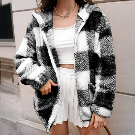 Aboser Winter Plaid Jacket Women Plus Size Fleece Coat Warm Zip Up Jackets Loose Checked Shacket Long Sleeve Winter Coats with Pocket
