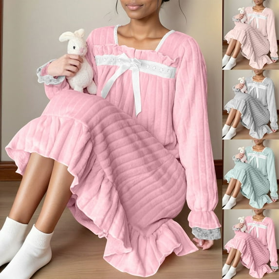 Aboser Winter Victorian Nightgowns for Women Fuzzy Fleece Princess Nightdress Warm Casual Ruffle Hem Loungewear Comfy Plush Long Sleepshirts