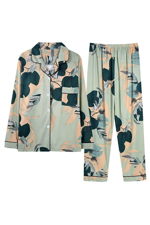 Woman Pajama Set Vintage 2 Piece Lounge Sets Casual Soft Sleepwear Long Sleeve Tops and Pants Outfits Loose Fit Pajamas Set