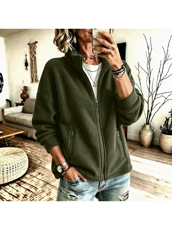 Women Fleece Jacket Plus Size Plush Coat Spring and Winter Fashion Climbing Jackets Warm Fuzzy Hoodless Outwear Coats with Pockets
