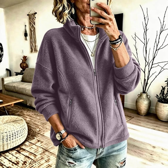 Aboser Women Fleece Jacket Plus Size Plush Coat Spring and Winter Fashion Climbing Jackets Warm Fuzzy Hoodless Outwear Coats with Pockets