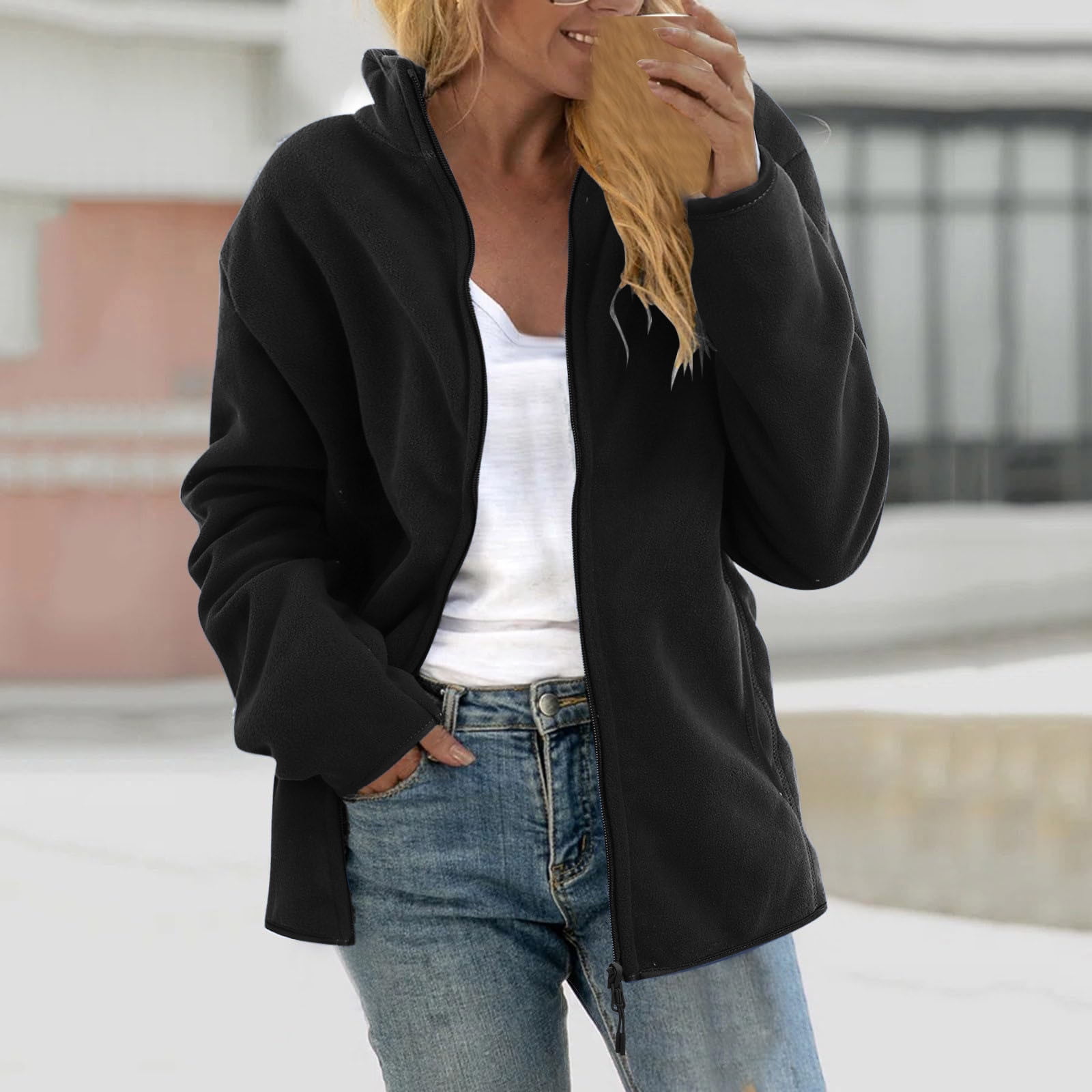 Aboser Women Fleece Jacket Plus Size Plush Coat Spring and Winter Fashion Climbing Jackets Warm Fuzzy Hoodless Outwear Coats with Pockets Walmart