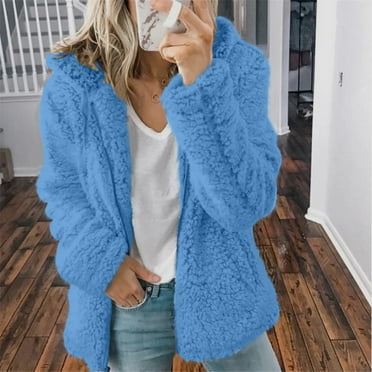 Aboser Women Fuzzy Fleece Coat with Hood Solid Color Winter Coats Warm Fur Shearling Jackets Soft Zip Up Outerwear with Pocket