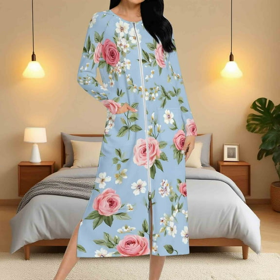 Aboser Women Lightweight Zip Up Robes Cute Floral Long Nightgown Long Sleeve Full Length Housecoat Comfy Loungewear with Side Pockets Sleepwear