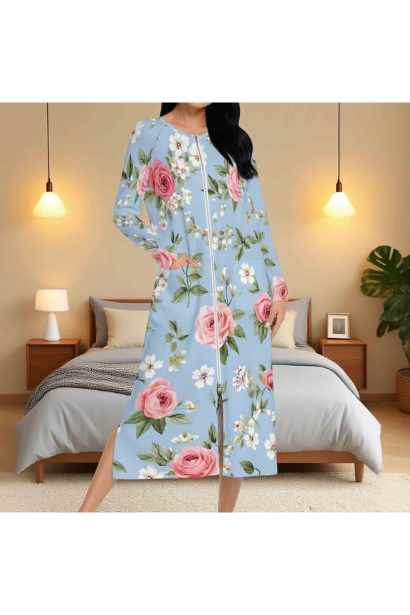 Women Lightweight Zip Up Robes Cute Floral Long Nightgown Long Sleeve Full Length Housecoat Comfy Loungewear with Side Pockets Sleepwear