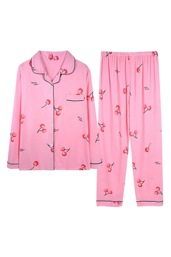 Women Pajama Sets Casual Cherry Graphic Loungewear Long Sleeve Shirt and Pants Sleepwear 2 Piece Pajamas Outfits