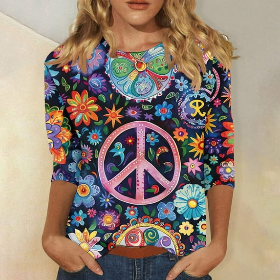 Aboser Women Peace Sign Hippie T Shirts Party 60s 70s Theme Tops 3/4 Length Sleeve Tshirt Vintage Floral Graphic Tees Hippie Costume Inspirational T-Shirt
