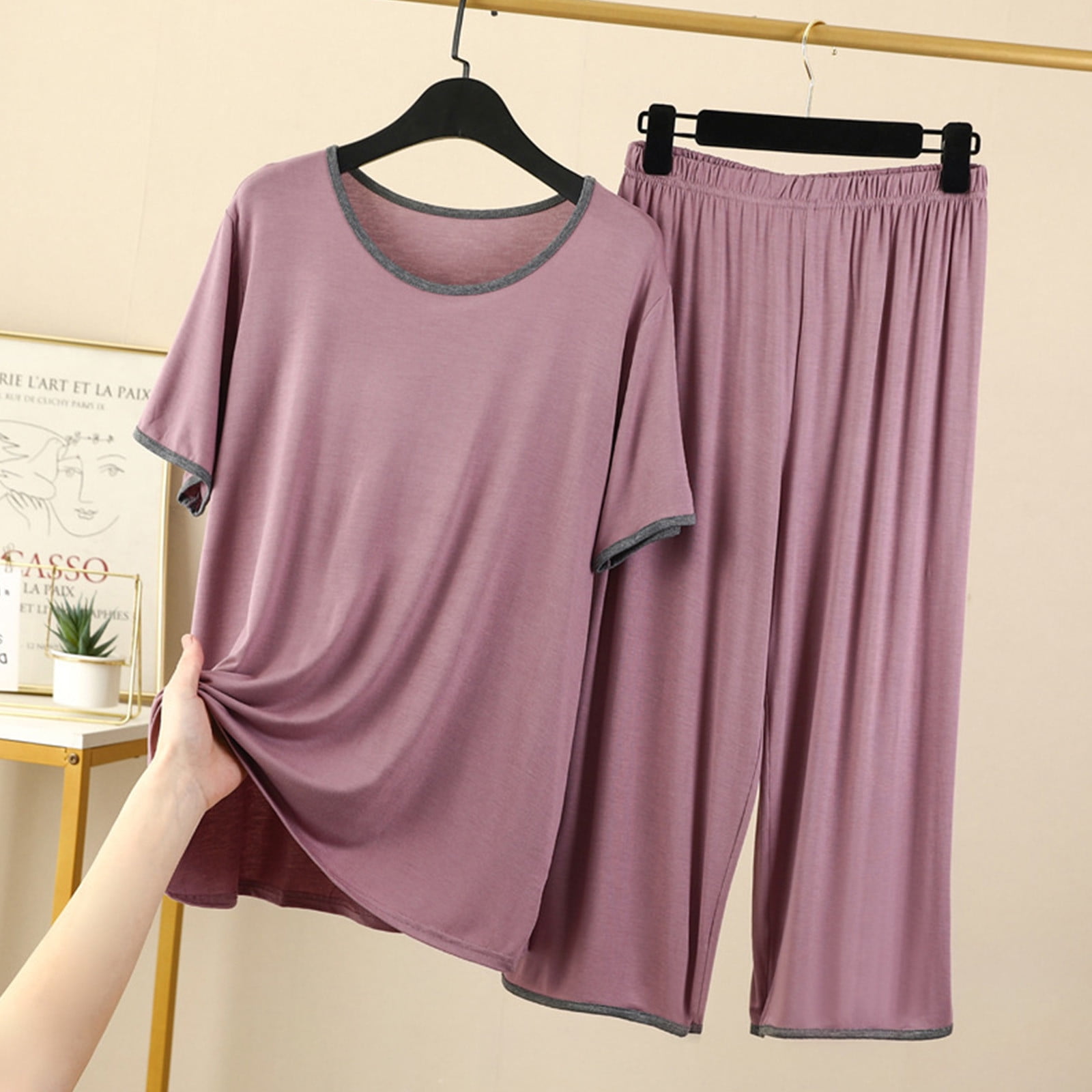 NACHILA Women's Pajama Set - Short Sleeve Top & Capri Pants, Bamboo Viscose, Soft Loungewear