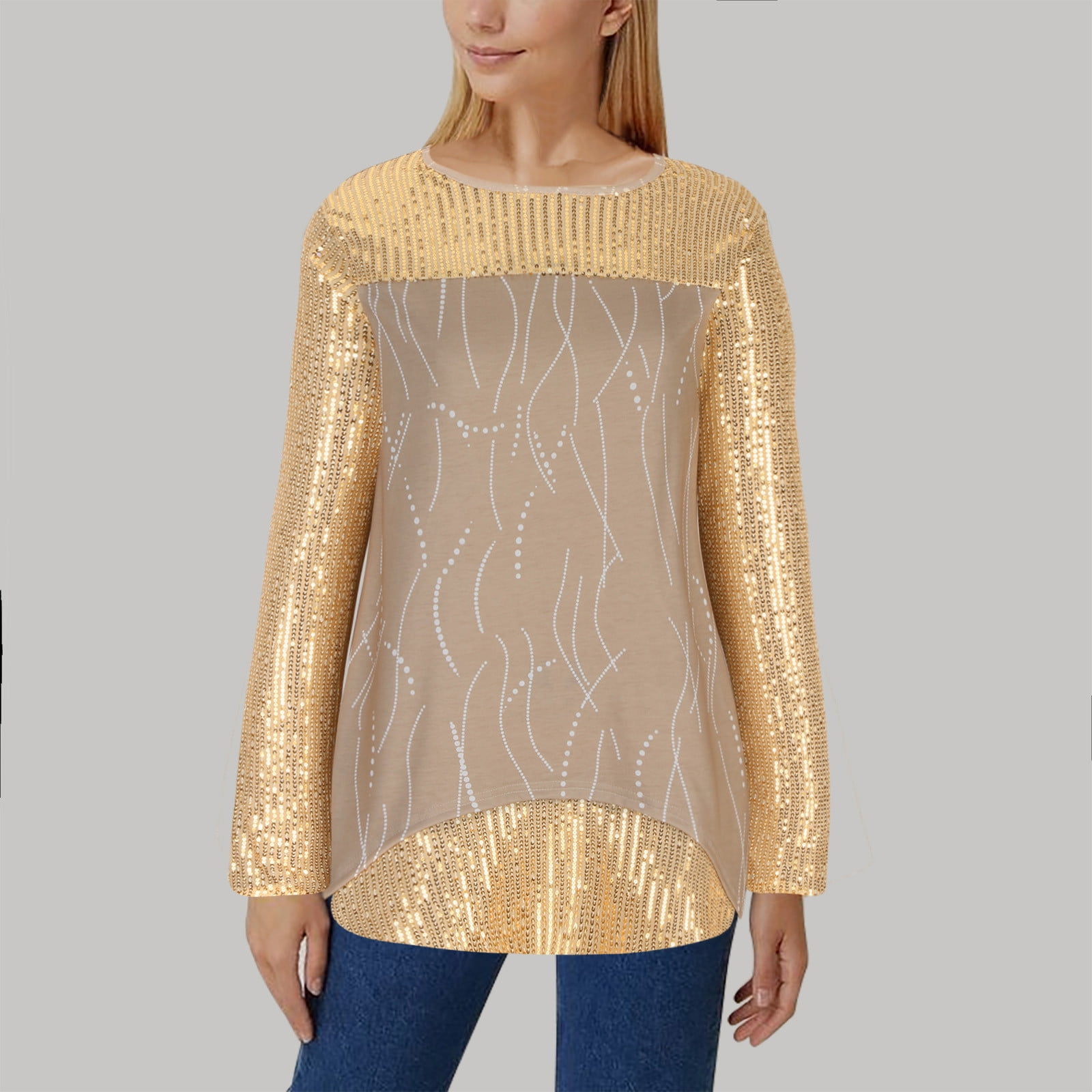 Aboser Women Sparkly Sequin Shirt Crewneck Long Sleeve Tunic Tops Trendy Shimmer Glitter Blouse Party Club Cocktail Dressy Tops Fitted Peplum Shirts Walmart