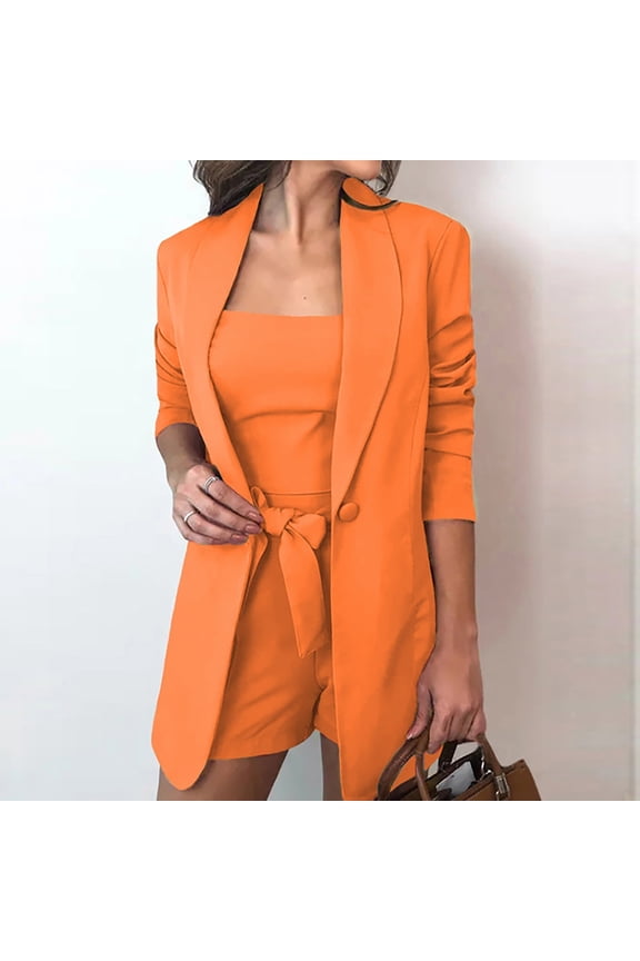 Women Suits 3 Piece Fashion Blazer Solid Cardigan Camisole Long Sleeve Blazer with Shorts Pants Open Front Jacket