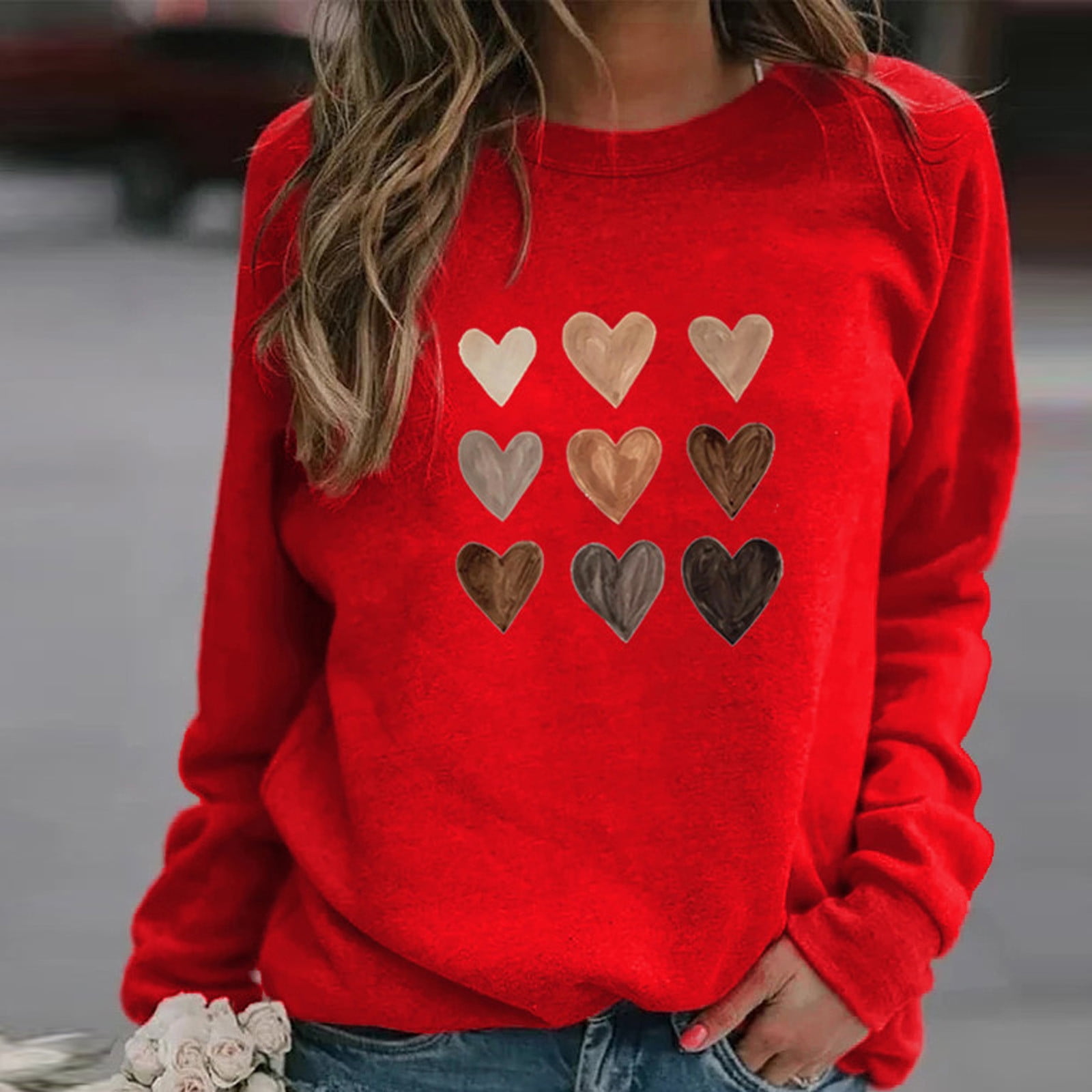 Women Off Shoulder Long Sleeves Casual Tops Hearts Printed Pullovers Sweater