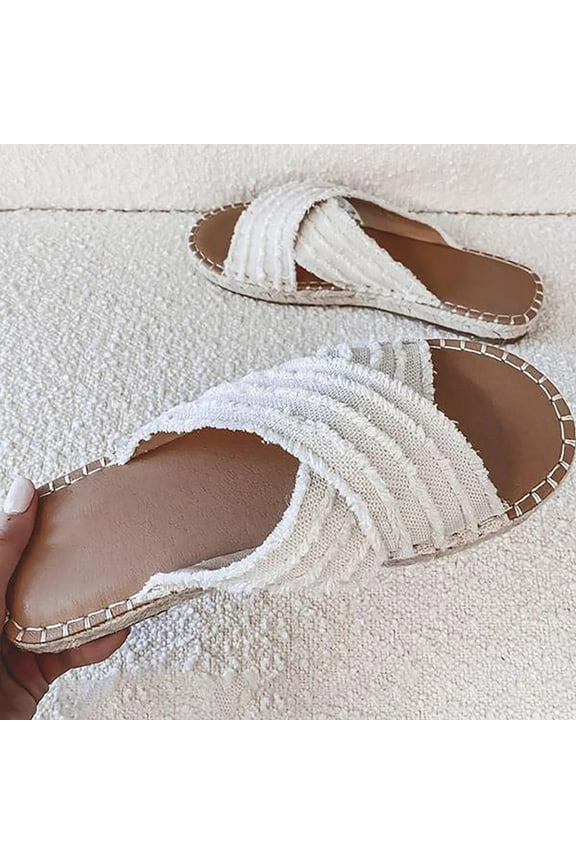 Women Vintage Beach Slides Platform Espadrille Sandal Cross Strap Frayed Distressed Denim Backless Sandals