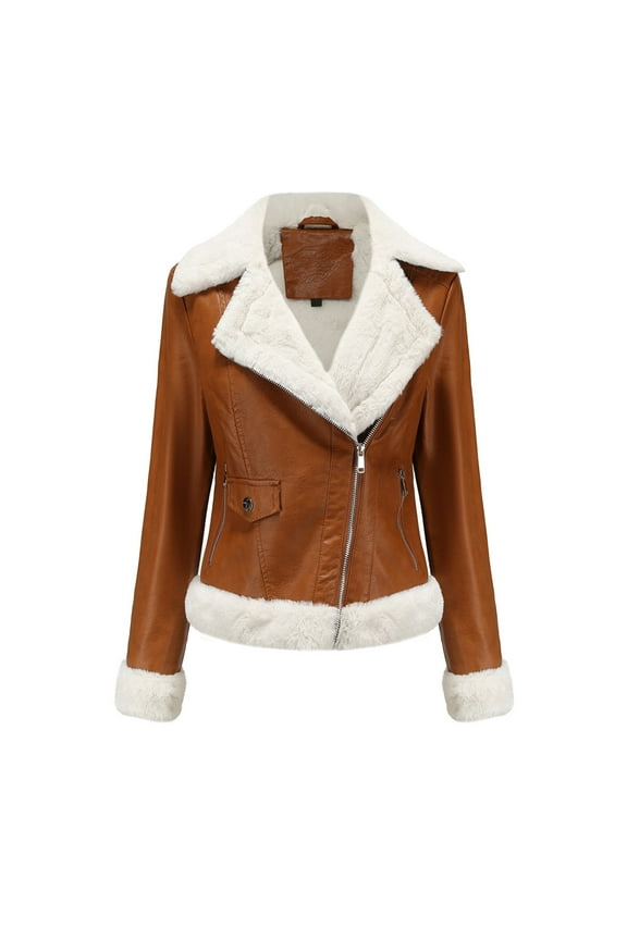Women Winter Leather Jacket Thicken Fleece Lined Motorcycle Jackets Faux Fur Cropped Coats Fluffy Shearling Coat Bomber Jacket Streetwear