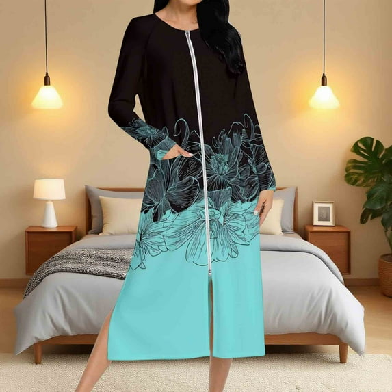 Aboser Women Zipper Front Robe Long Sleeve Duster Housecoat Casual Full Length Nightgown Vintage Floral Graphic Loungewear with Side Pockets Gift Ready