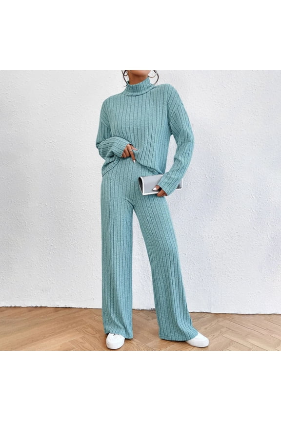 Women's 2 Piece Outfits Turtleneck Sweaters Lounge Sets and Wide Leg Pants Cozy Knit Sweatsuit Set Solid Ribbed Knitted Matching Sets
