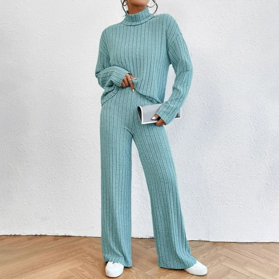 Aboser Women's 2 Piece Outfits Turtleneck Sweaters Lounge Sets and Wide Leg Pants Cozy Knit Sweatsuit Set Solid Ribbed Knitted Matching Sets